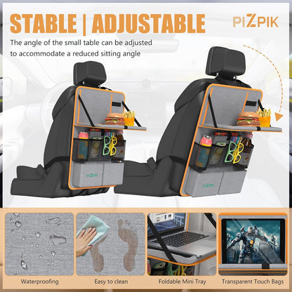 Car Backseat Organizer with Tablet Holder,11 Storage Pockets with Foldable Food Tray, Protector Kick Mats for Kids, Travel Accessories Organizer (Orange, 1Pack)
