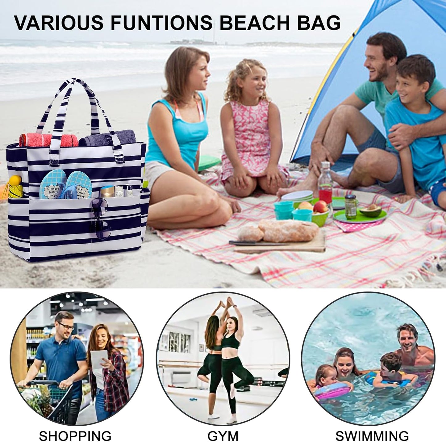 Waterproof Beach Tote Pool Bags for Women Ladies Extra Large Gym Tote Carry On Bag With Wet Compartment for Weekender Travel