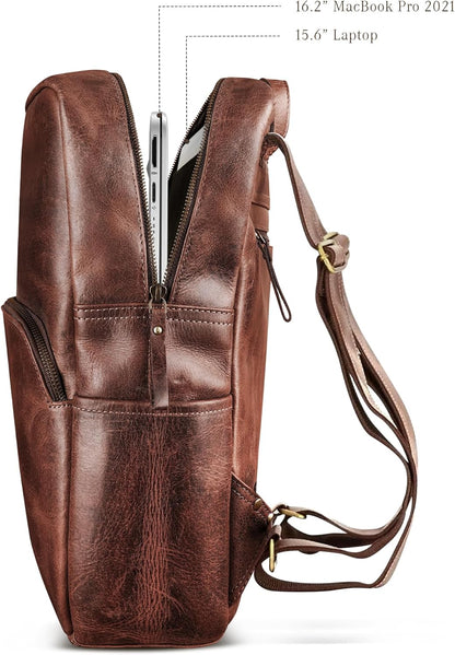 Handmade Leather Backpack for Men and Women, 15.6 Inch Laptop Bag, Genuine Leather Retro Style Casual Daypack, For Colleges & Office, Travel or Hiking- Vintage Brown