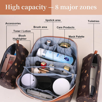BOYATU Travel Makeup Bag Cosmetic Bags for Women: 3 Pcs Set Portable Make up Bag with Handle - Vegan Leather Toiletry Bags with Compartments - Makeup Organizer for Travel Essentials(04-Brown)