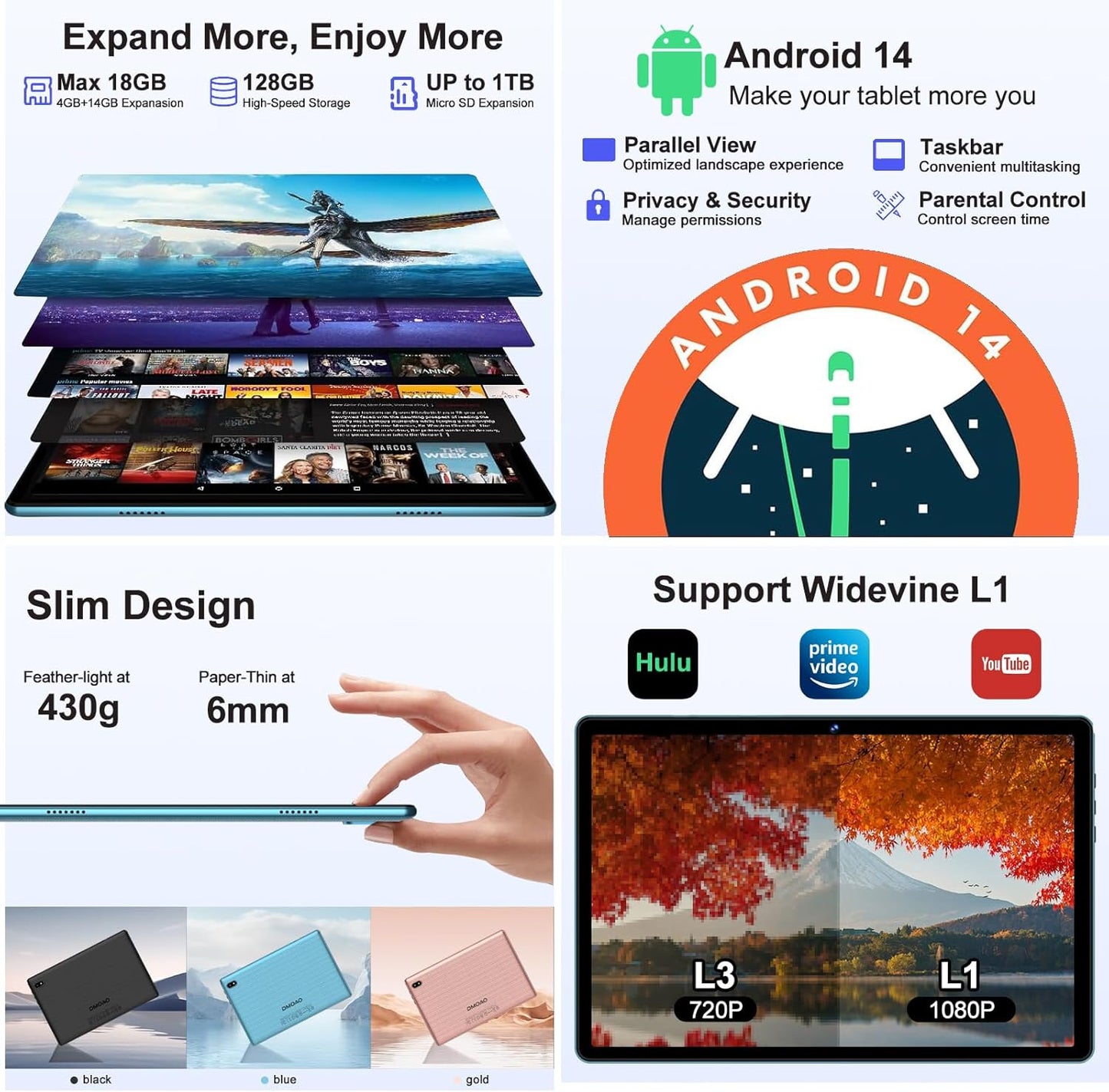 2025 Android Tablet 10.1 Inch Android 14 Tablets with 128GB ROM+18GB RAM (4+14 Virtual), 1TB Expand 2 in 1 10.1 Tablet with Keyboard, Powerful Octa-Core, WiFi 6, Blue