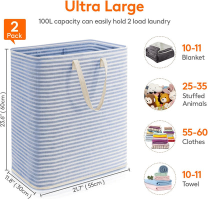 Lifewit 2 Pack Laundry Hamper Large Collapsible Laundry Basket, Freestanding Waterproof Cloth Hamper with Easy Carry Handles in Laundry Room Bedroom Bathroom Dorm for Adult, Grey&Blue, 2 x 100L