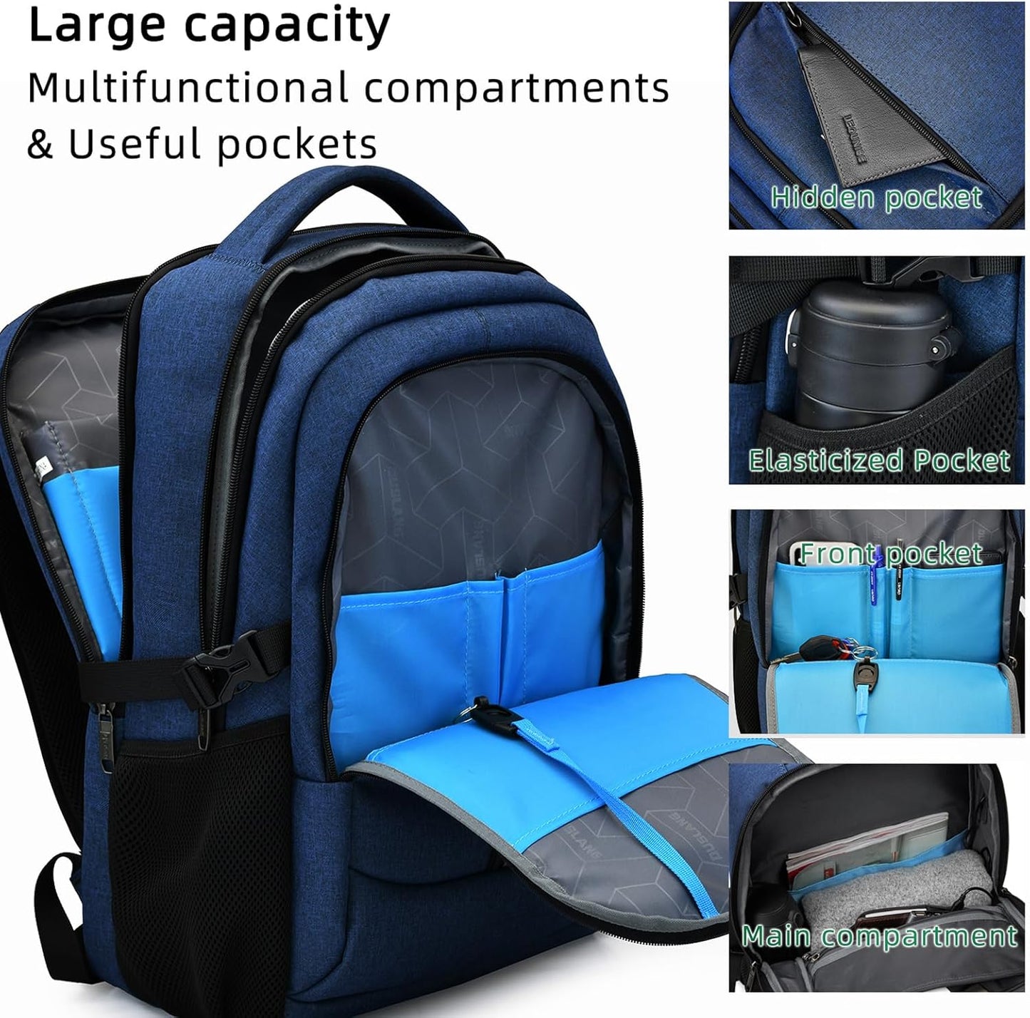 DUSLANG 17 Inch Laptop Backpack for Travel with Backpack Rain Cover College Backpack for Men Laptop Bag with USB Charging Port,Blue