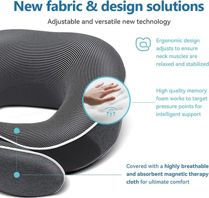 Travel Neck Pillow 100% Memory Foam – Airplane & Car Travel Essentials Kit with 3D Eye Mask, Earplugs & Mesh Bag – Sleeping Support Pillow for Adults (Dark Grey)