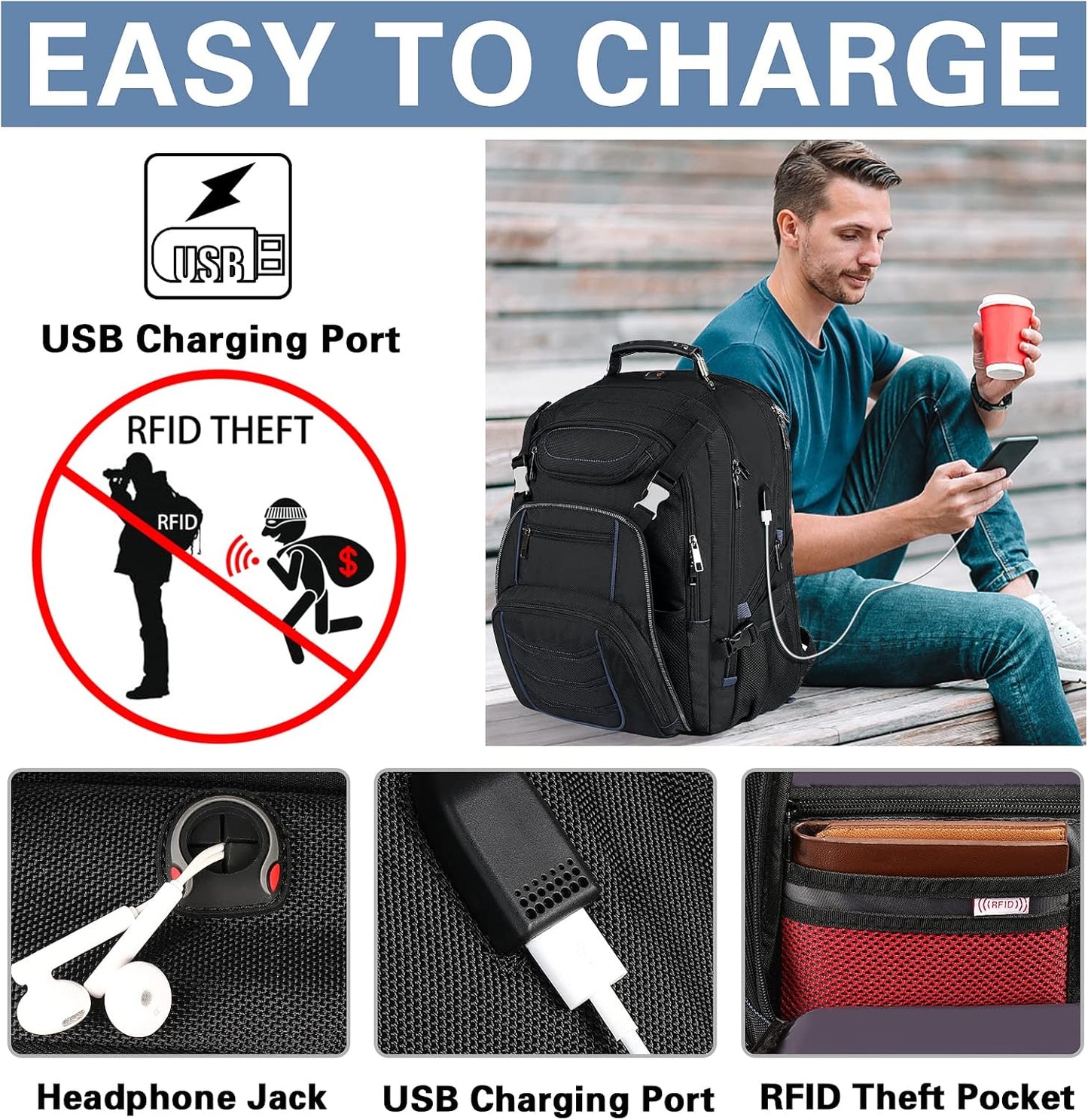 18.4 Inch Laptop Backpack,Extra Large Travel Backpack with USB Charger Port for Men Women,60L Big Capacity Heavy Duty Computer Bag TSA Friendly RFID Anti Theft Pocket Backbag,21.2*15.5*11.5 inch Blue