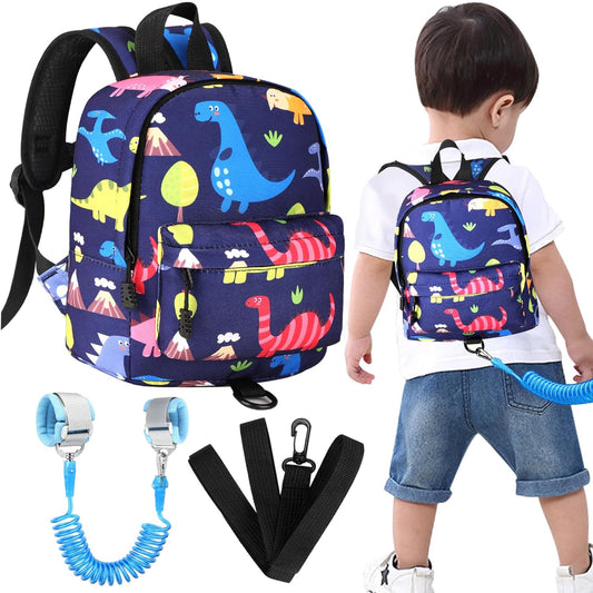 Accmor Toddler Backpack Leash with Anti Lost Wrist Link, Cute Mini Child Walking Harnesses Keep Kids Close Back Pack Rope Tether Rein for Baby Boys (Navy Blue/Dino)