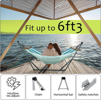 Tranquillo Sturdy Steel Hammock with Stand Premium Cotton Canvas Hammock, 600 lbs Capacity Hammock Stand Folding, Portable 30-Second Fold Unfold for Camping, (Canvas - Blue Leaf)