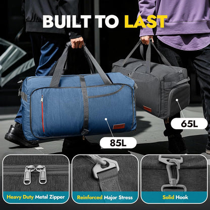 Canway 65L Travel Duffel Bag, Foldable Weekender Bag with Shoes Compartment for Men Women Water-proof & Tear Resistant (Panther Black, 65L)