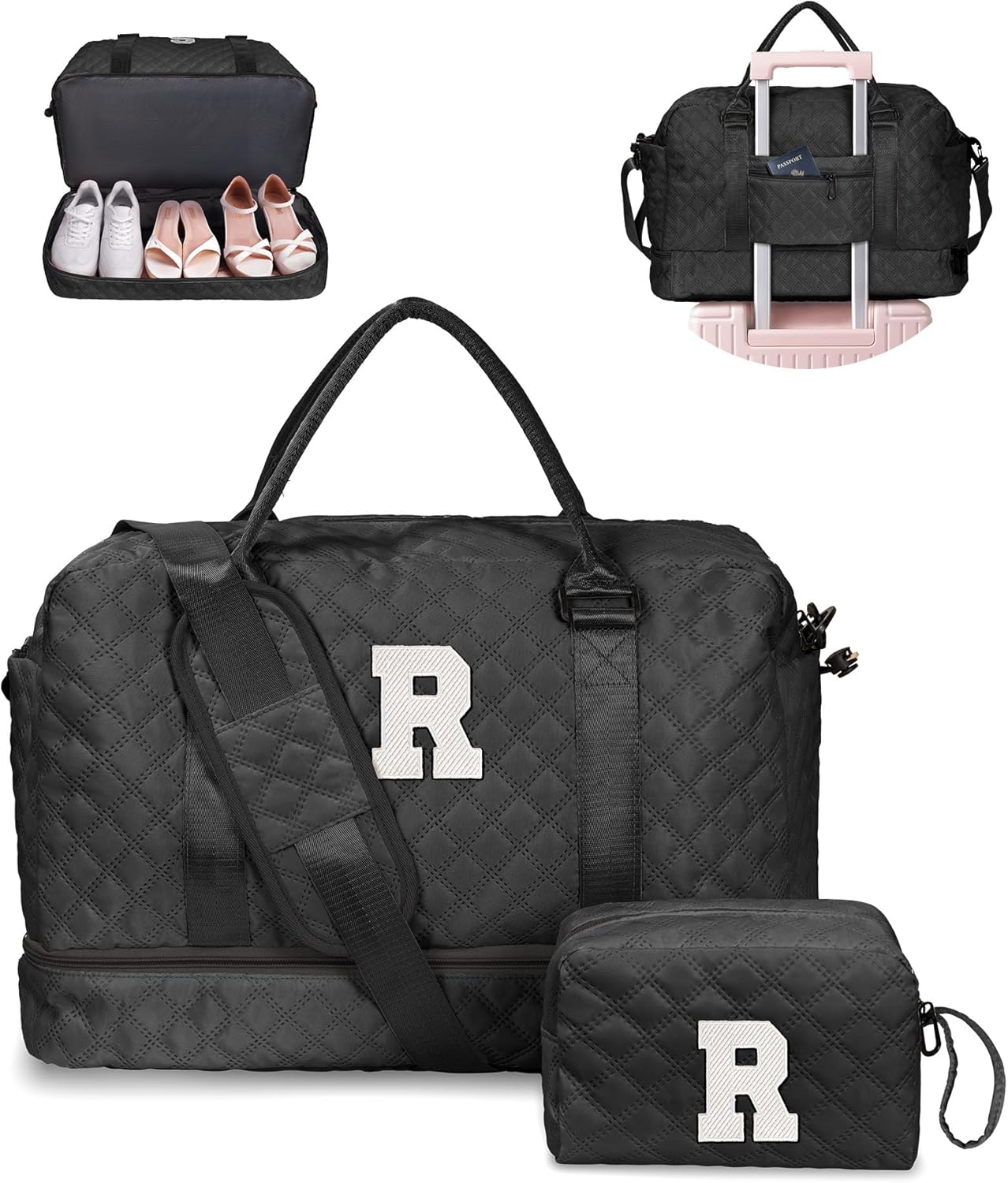 Easter Gifts for Teens-Duffle Bags, Personalized Weekender Bag with Shoulder Strap, Monogram Overnight Bags for Women Wet Pocket, Letter Travel Bag with Makeup Bag Gifts for Niece (Letter R)