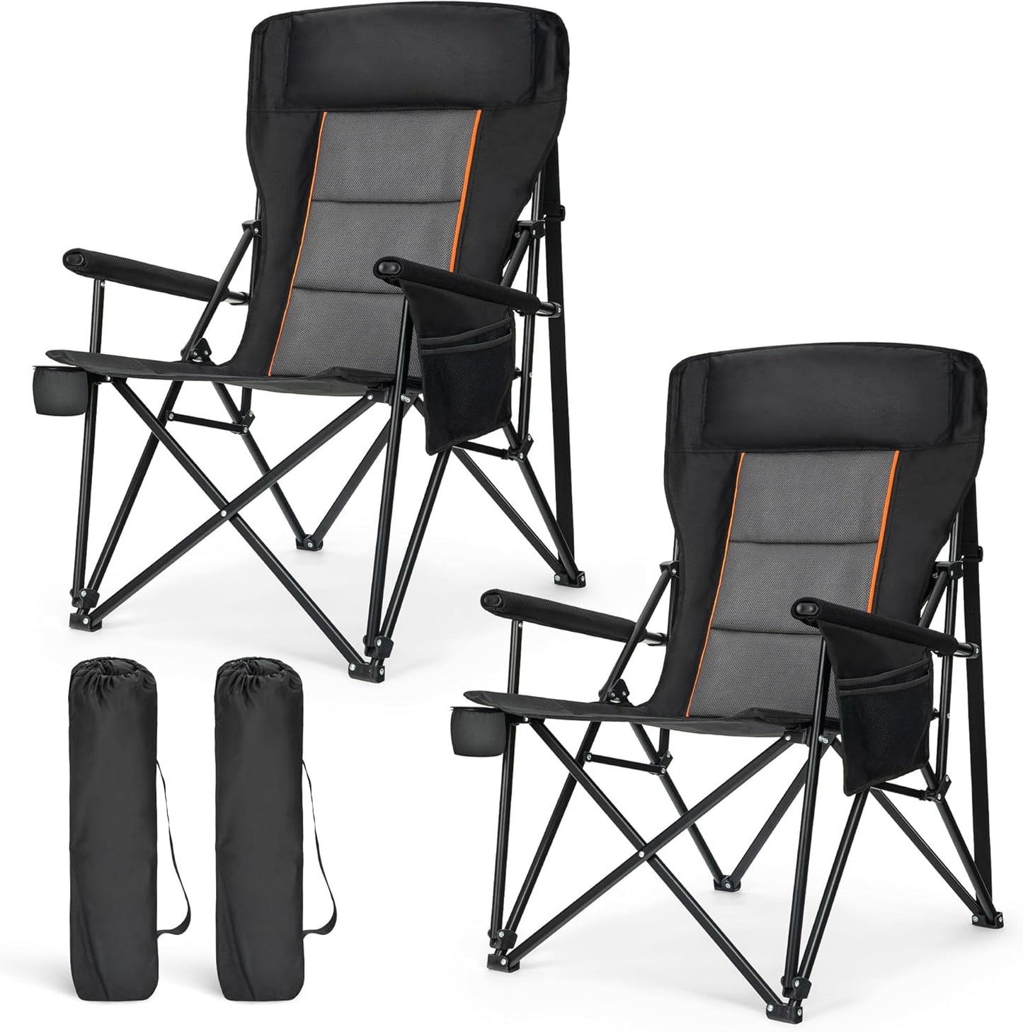 LET'S CAMP Oversized Camping Chairs 29.52" High Back Heavy Duty Lawn Chair Support 500LBS, Portable Collapsible Chair with Cup Holder, Side Pocket,2 Pack(Black)