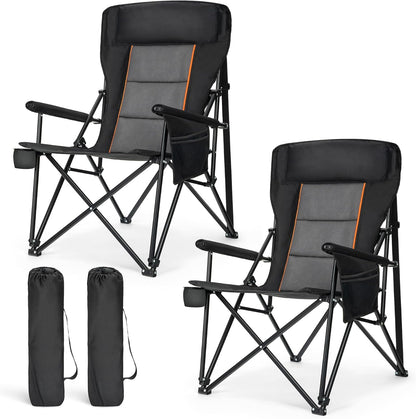 LET'S CAMP Oversized Camping Chairs 29.52" High Back Heavy Duty Lawn Chair Support 500LBS, Portable Collapsible Chair with Cup Holder, Side Pocket,2 Pack(Black)