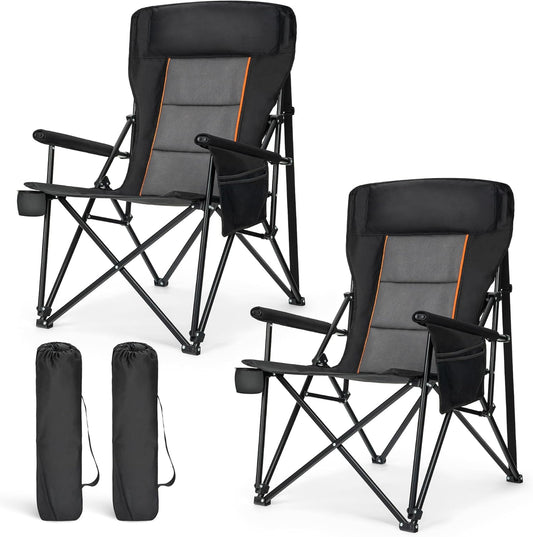 LET'S CAMP Oversized Camping Chairs 29.52" High Back Heavy Duty Lawn Chair Support 500LBS, Portable Collapsible Chair with Cup Holder, Side Pocket,2 Pack(Black)