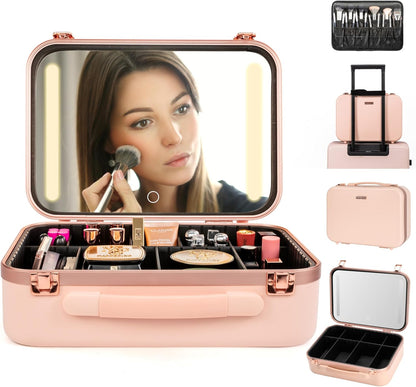 Lighted Makeup Case with Mirror - Large Size 13.4" x 10.2" - Travel Makeup Case With Mirror - Rechargeable LED Travel Vanity Case with Adjustable Brightness - Train Case Makeup Bag - Pink