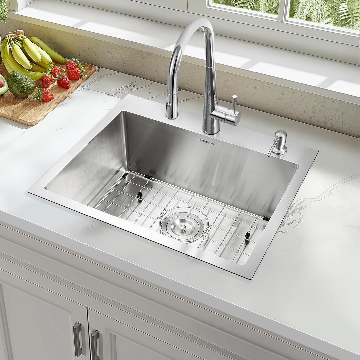 22 Inch Drop-In Kitchen Sink, SINKVINE 22" x 18" Stainless Steel Indoor and Outdoor Sink, Top Mount Deep Single Bowl Sink for Laundry, Wet Bar, RV, w/Drain Strainer, Bottom Grid, Roll-up Drying Unit