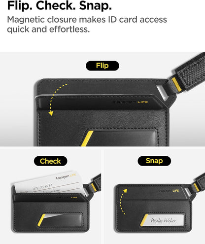 Spigen Life Luggage Tags Premium Velo Vegan Leather ID Label for Suitecase Travel Bag Accessories with Magnetic Closure Privacy Protection Design Durable Strap - Black (1 Pack)