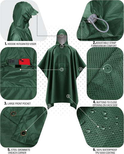 iCreek Hooded Rain Poncho with Pocket Waterproof Lightweight Unisex Raincoat Jacket for Hiking, Camping, Outdoor