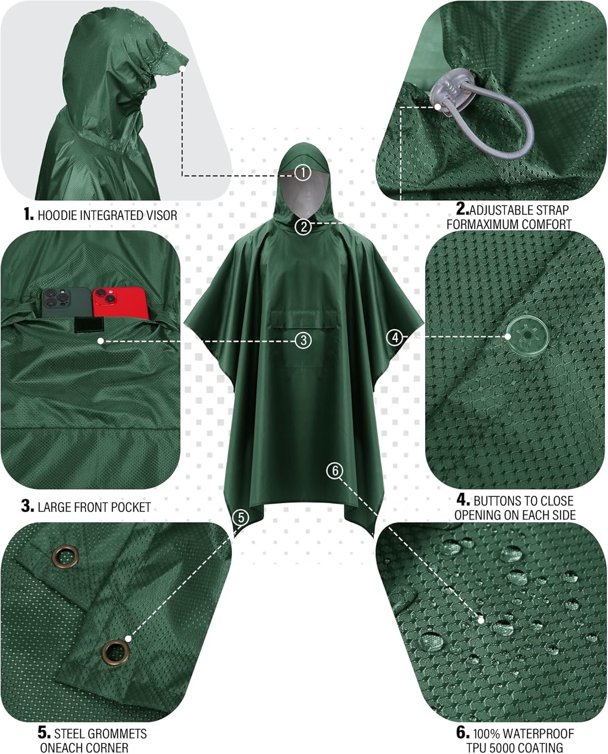 iCreek Hooded Rain Poncho with Pocket Waterproof Lightweight Unisex Raincoat Jacket for Hiking, Camping, Outdoor