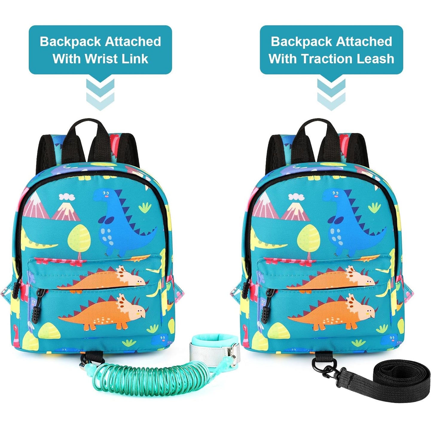 Accmor Toddler Backpack Leash with Anti Lost Wrist Link, Cute Mini Child Walking Harnesses Keep Kids Close Back Pack Rope Tether Rein for Baby Boys (Turquoise/Dino)