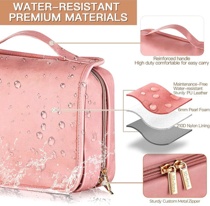 Elviros Hanging Travel Toiletry Bag for Women, 3-in-1 Large Makeup Bag and Cosmetic Organizer, Vegan Leather Waterproof Skincare Case for Travel Size Toiletries and Accessories