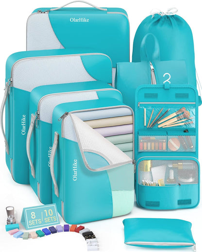 8 Set Packing Cubes for Travel, Gifts for Women Mom,Anti-Tearing Suitcase Organizer for Luggage with Shoe & Hanging Toiletry Bag,OlarHike Vacation Essentials & Accessories for Cruise Ship,Teal