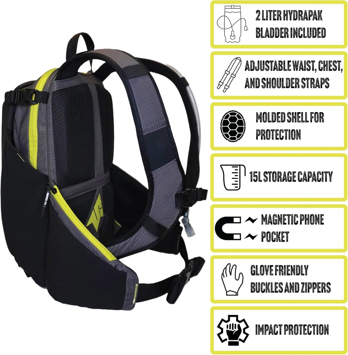 Send It Defender 15 Hydration Backpack - MTB, Moto Bag with Spine Protector for Men and Women. 15L Capacity Mountain Bike Hydration Pack - Mountain Bike Protective Gear – Adjustable Fit for Everyone
