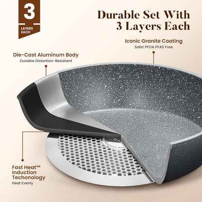 Kitchen Academy Granite Nonstick Cookware Set - 17 Piece Gray Cooking Pans Set, Induction Pots and Pans Set Non Stick, PFOA & PFOS Free.