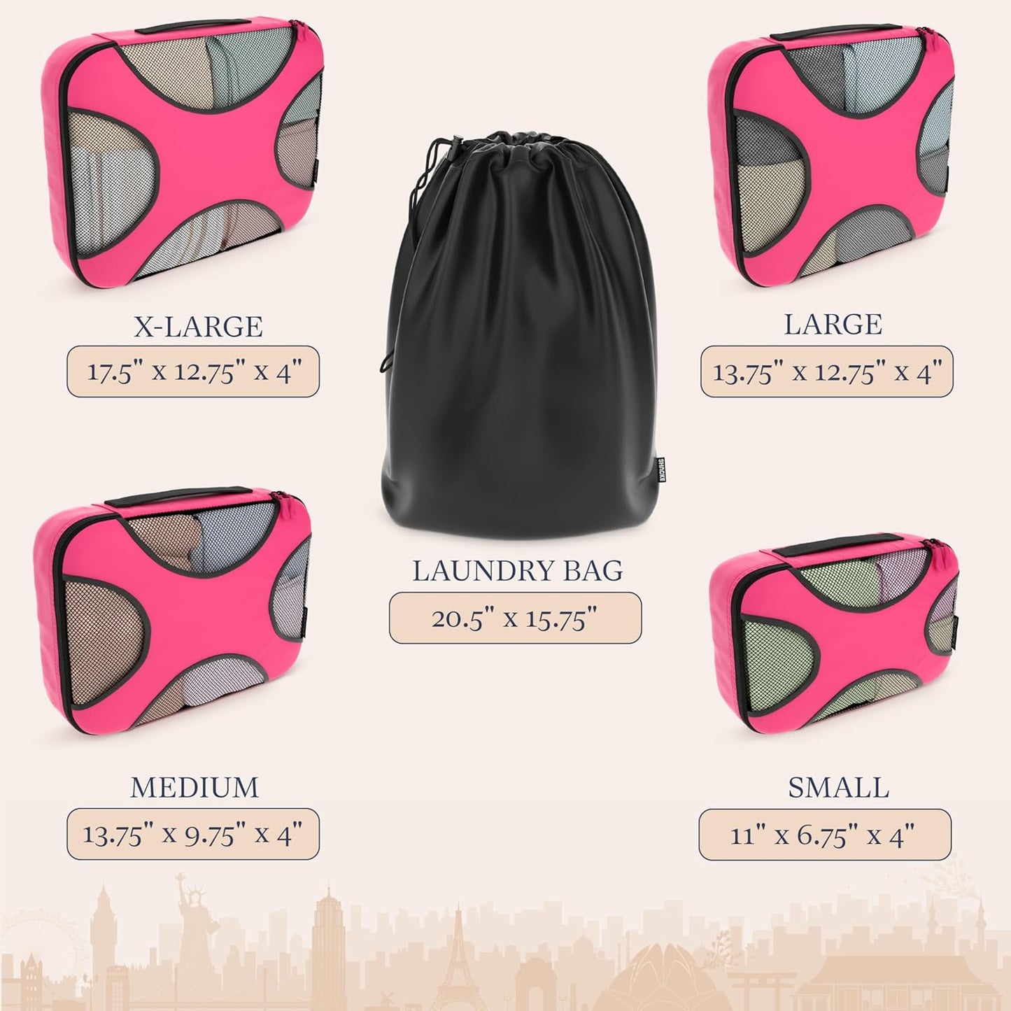 Shacke Premium 5 Packing Cubes Set - Lightweight Mesh Travel Luggage Organizers with Laundry Bag, 5-Piece Suitcase Storage System (Precious Pink)