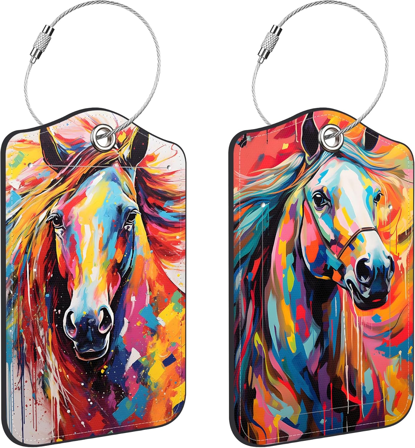 Abstract Horse Luggage Tags for Suitcases Leather Travel Tags for Luggage ID Label with Privacy Cover and Stainless Steel Loop for Men Women Suitcase Backpack, Set of 2