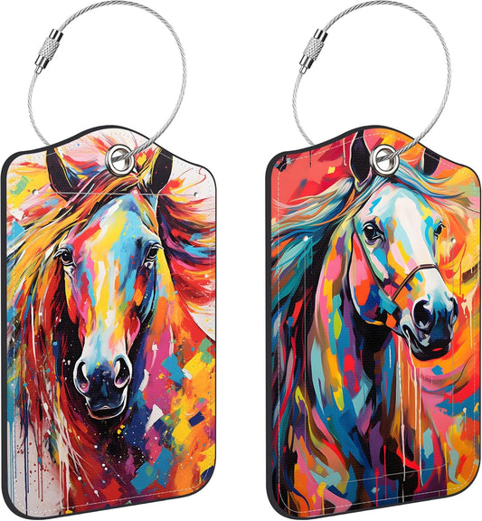 Abstract Horse Luggage Tags for Suitcases Leather Travel Tags for Luggage ID Label with Privacy Cover and Stainless Steel Loop for Men Women Suitcase Backpack, Set of 2