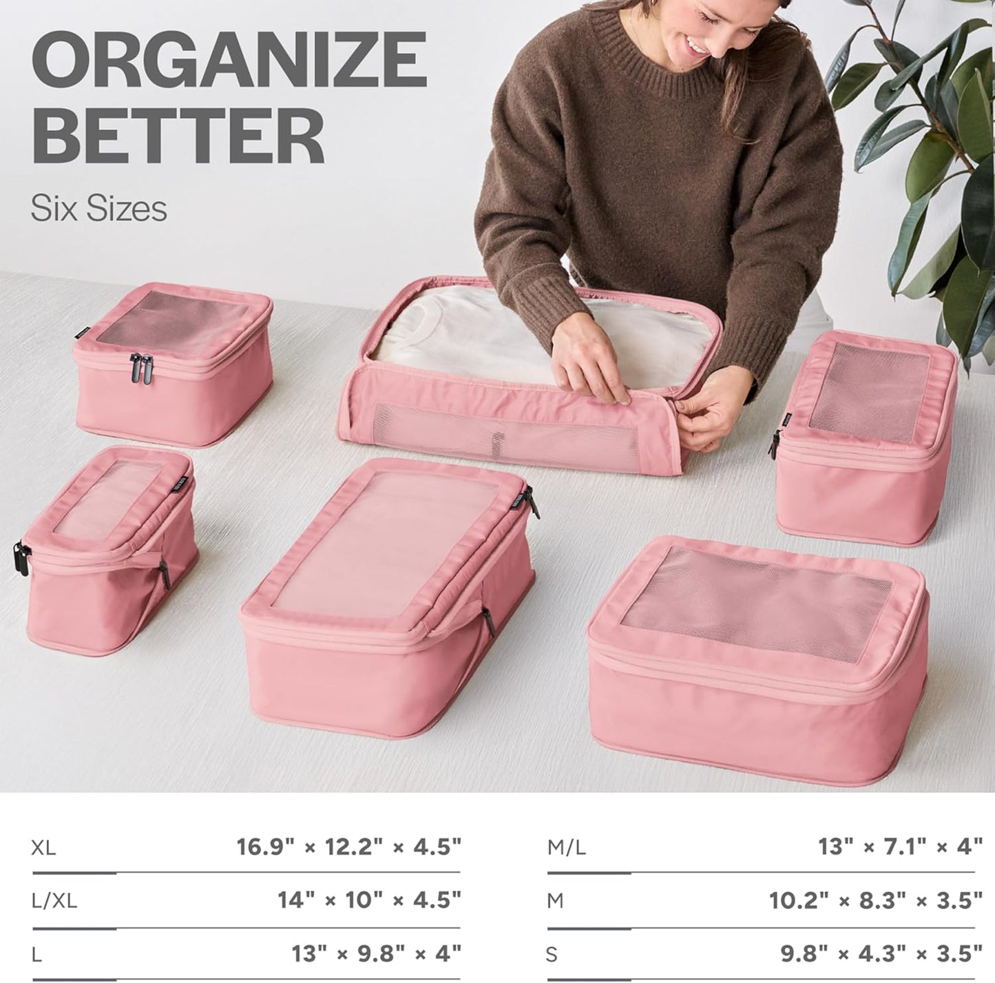 Compression Packing Cubes for Travel - Luggage Organizer Bags - Double Zipper Packing Cubes for Suitcases (6-Pack, Rose)