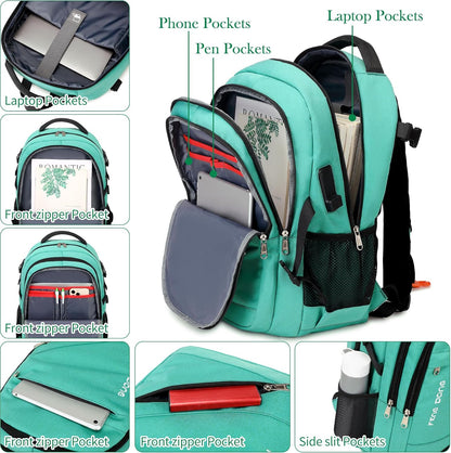 FENGDONG 17.3 inch Large Laptop Backpack Durable Waterproof Travel College Backpack Bookbag for Men & Women Business Backpack with USB Charging Port,Headset Port Light Green