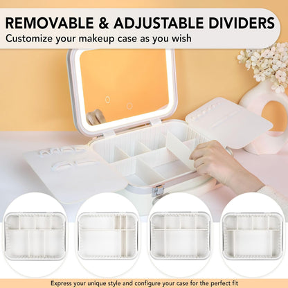 Lighted Makeup Case with Mirror - Standard Size 11.4" x 9" - Travel Makeup Train Case With Mirror - Rechargeable LED Travel Vanity Case with Adjustable Brightness - Train Case Makeup Bag - White