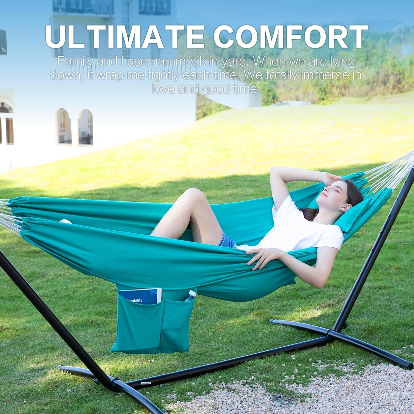 PNAEUT Double Hammocks with Stand for Outside, Portable Space Saving Heavy-Duty Steel Stand for Indoor Outdoor Patio with Carrying Bag, 450 lbs Capacity (Aqua)