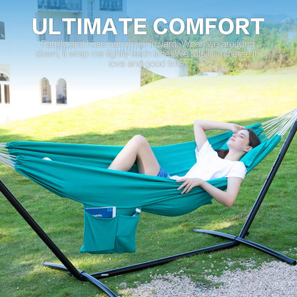 PNAEUT Double Hammocks with Stand for Outside, Portable Space Saving Heavy-Duty Steel Stand for Indoor Outdoor Patio with Carrying Bag, 450 lbs Capacity (Aqua)