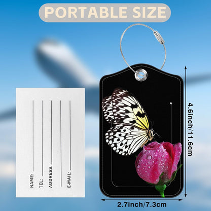 2 Pack Luggage Tags for Suitcases Butterfly on Pink Rose Leather Luggage Tags Privacy Cover ID Label with Stainless Steel Loop and Address Card for Women Men Travel Bag Backpack