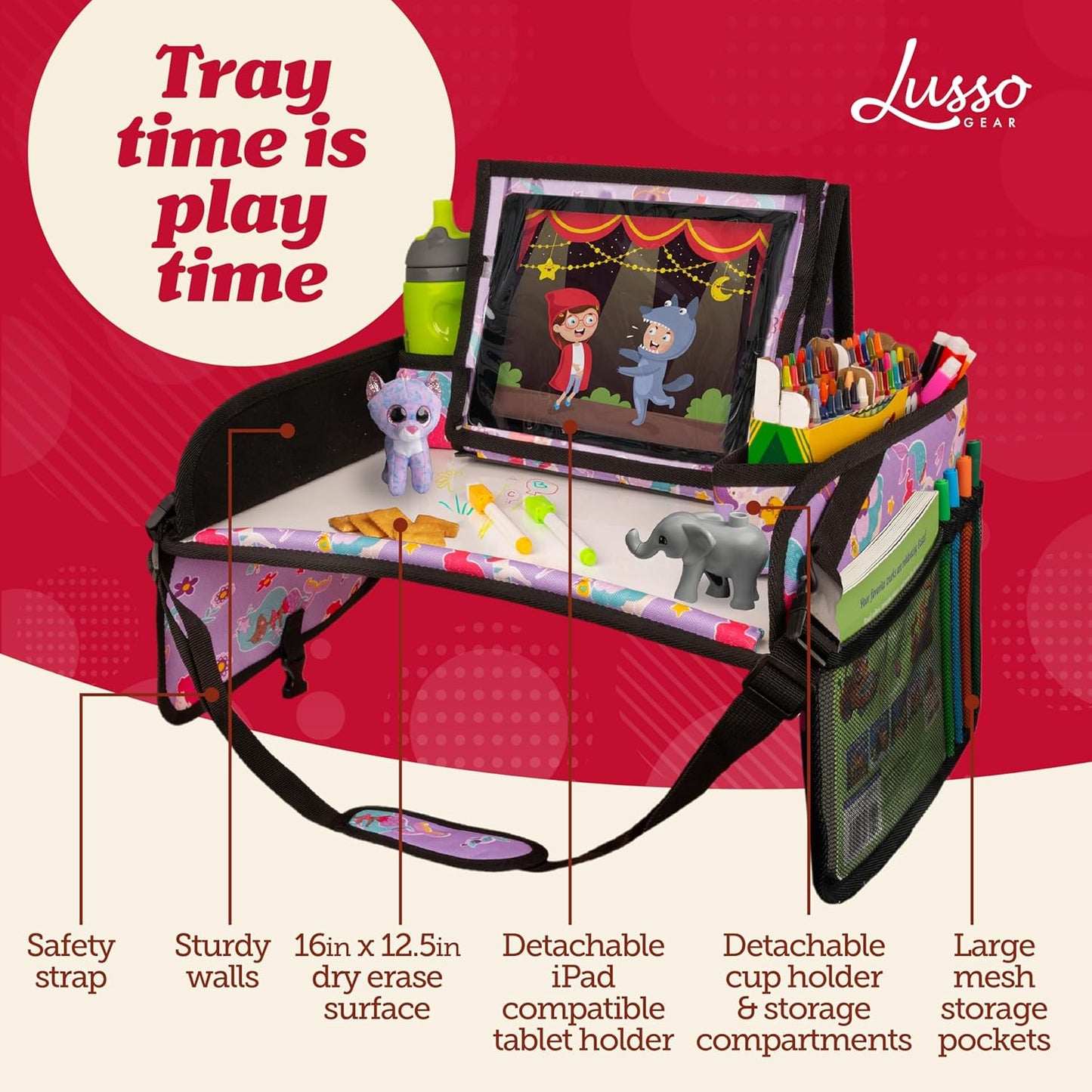 Lusso Gear Kids Travel Tray for Car - Road Trip Essentials for Kids - Car Seat Tray for Toddlers & Kids - for Airplane, Kids Travel Desk, Road Trip Activities (Mermaids)