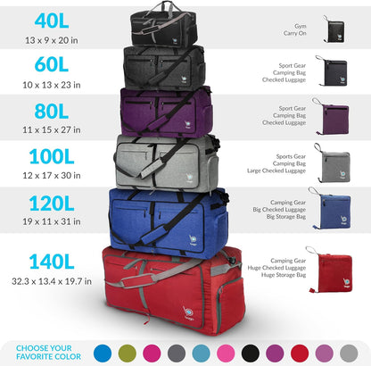 Bago Large Foldable Duffel Bags for Traveling Women & Men - 100L Packable Duffle Bag for Travel with Shoe Compartment - Water Repellant, Heavy Duty, Lightweight Folding & Collapsible (Red)