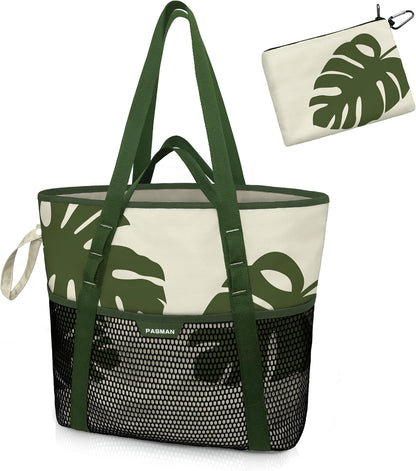 Beach Bag with Zipper - 8 Pockets Sandproof Beach Tote Bag for Women,Foldable Lightweight Family Swim Bag Vacation