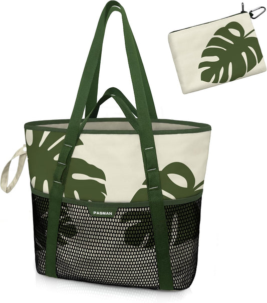 Beach Bag with Zipper - 8 Pockets Sandproof Beach Tote Bag for Women,Foldable Lightweight Family Swim Bag Vacation