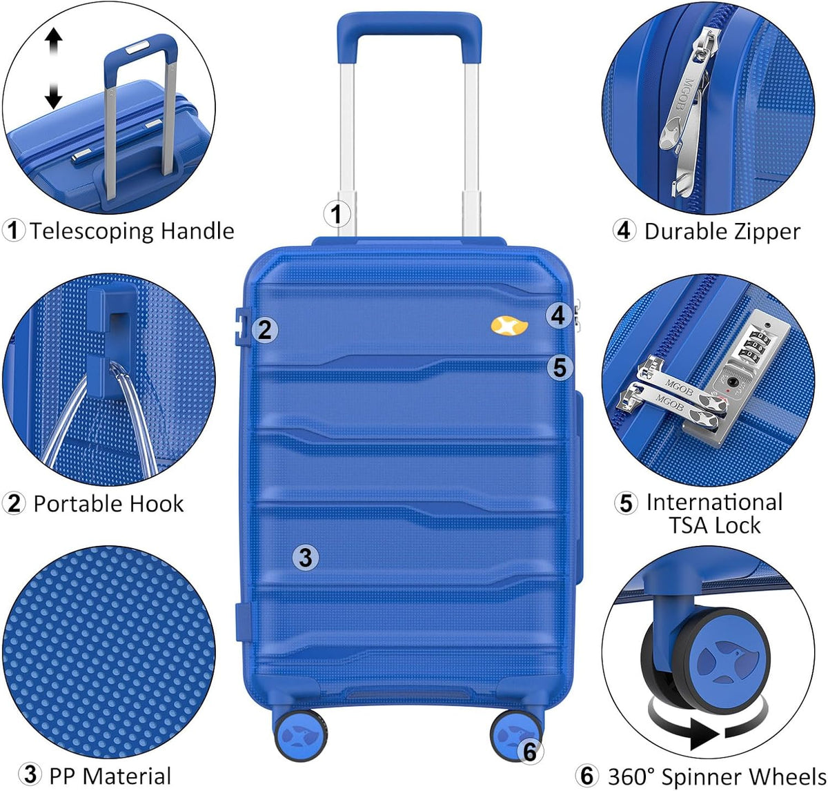 Luggage Sets 3 Piece, Hard Shell Luggage Sets with Spinner Wheels, PP Lightweight & Durable Suitcases with TSA Lock, Hardside Travel Suitcase Sets (20/24/28 inch), Blue