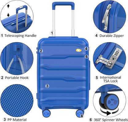 Luggage Sets 3 Piece, Hard Shell Luggage Sets with Spinner Wheels, PP Lightweight & Durable Suitcases with TSA Lock, Hardside Travel Suitcase Sets (20/24/28 inch), Blue
