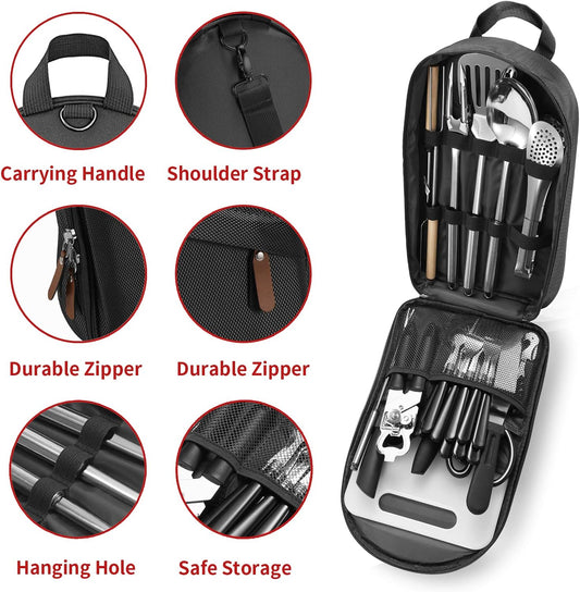 Portable Camping Kitchen Utensil Set-27 Piece Cookware Kit, Stainless Steel Outdoor Cooking and Grilling Utensil Organizer Travel Set Perfect for Travel, Picnics, RVs, Camping, BBQs, Parties and More
