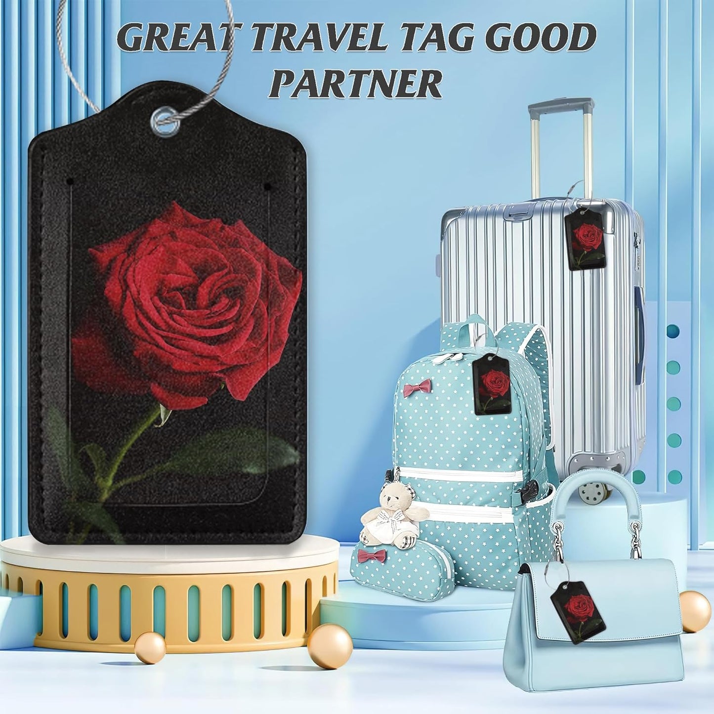 3 Pack Luggage Tag for Suitcase,Red Rose Floral and Leaves Leather Luggage Tags with Privacy Cover Name ID Label Identifiers Travel Bag Tags for Women Men Boys Girls