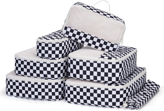 Narwey 7 Set Checkered Packing Cubes for Travel Carry on Suitcase Luggage Organizer Bags for Kids Women Men, Durable Packing Organizers Bag, Travel Essentials Accessories (Black Checkerboard)