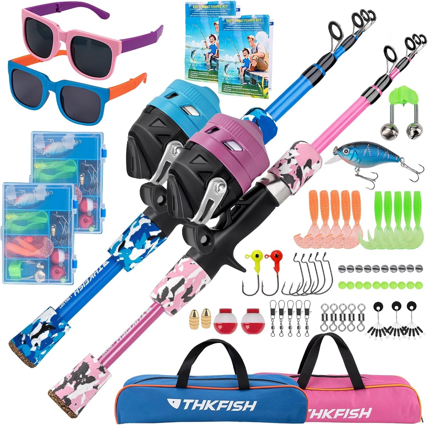 Kids Fishing Pole Set, Telescopic Fishing Rod Reel Combo Kids Starter Kit with Lures Tackle Box, Foldable Stool and Portable Bag for Boys Girls Younth