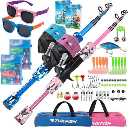 Kids Fishing Pole Set, Telescopic Fishing Rod Reel Combo Kids Starter Kit with Lures Tackle Box, Foldable Stool and Portable Bag for Boys Girls Younth