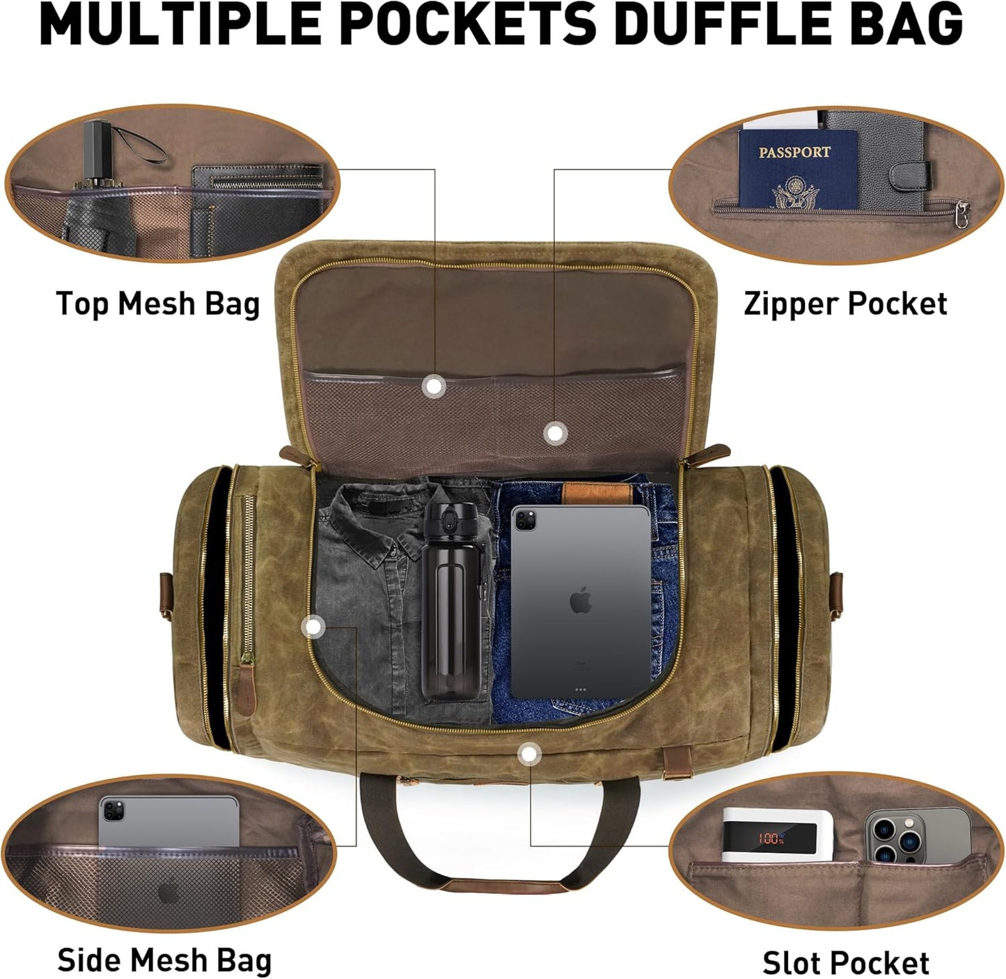 60L Travel Bags for Men, Nomad Washed Canvas Duffle Bag Vintage Genuine Leather Travel Duffel Bag Multifunctional Weekender Overnight Backpack with Shoes Compartment