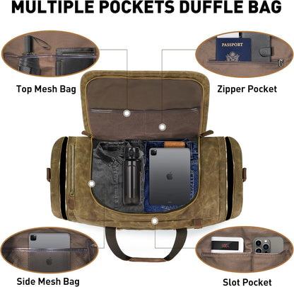 60L Travel Bags for Men, Nomad Washed Canvas Duffle Bag Vintage Genuine Leather Travel Duffel Bag Multifunctional Weekender Overnight Backpack with Shoes Compartment