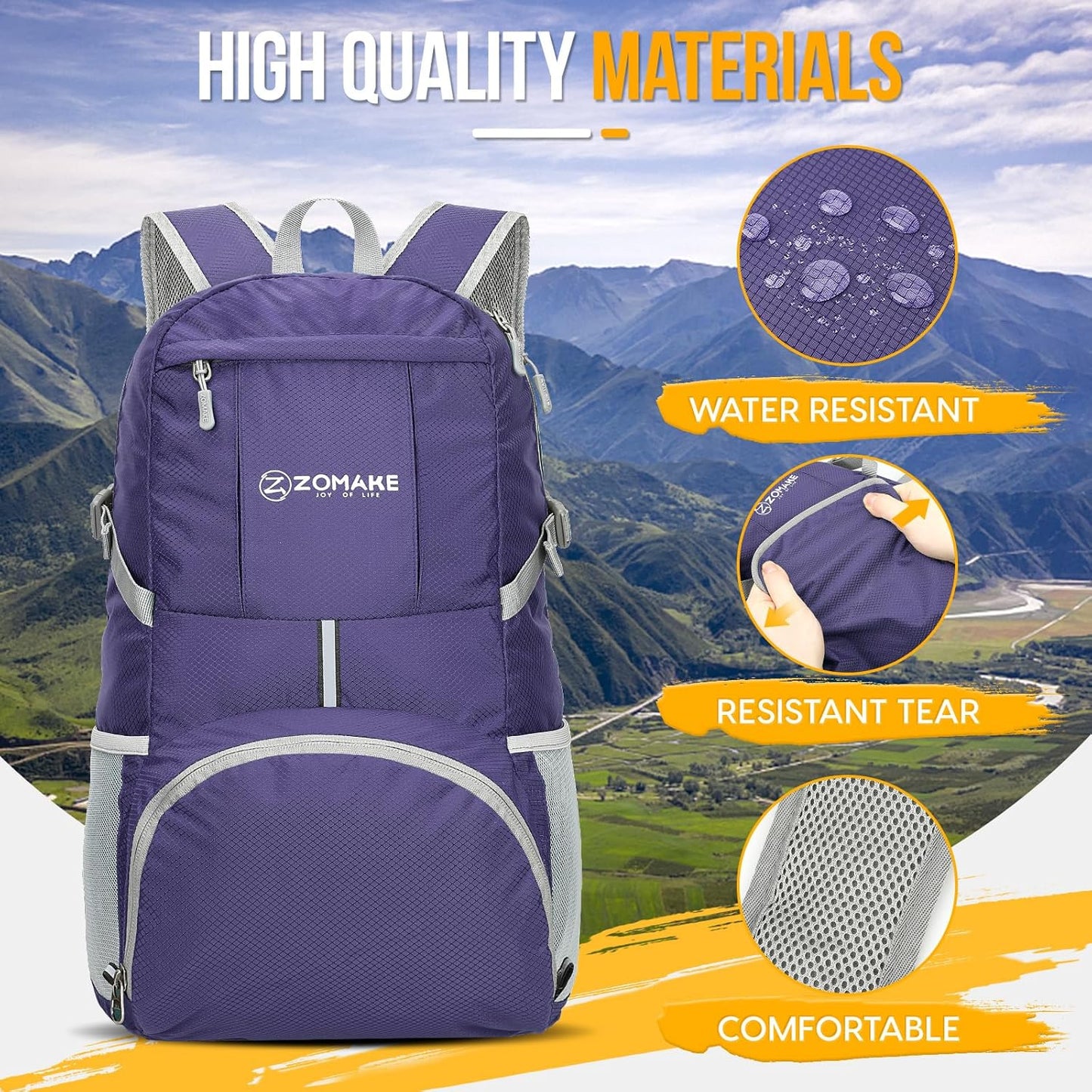 ZOMAKE Lightweight Packable Backpack 35L, Light Foldable Backpacks Water Resistant Collapsible Hiking Bag, Compact Folding Day Pack for Travel Camping(Purple)