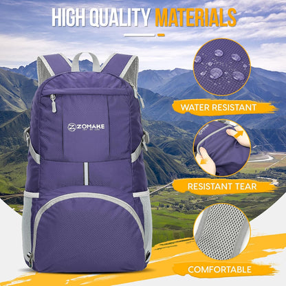 ZOMAKE Lightweight Packable Backpack 35L, Light Foldable Backpacks Water Resistant Collapsible Hiking Bag, Compact Folding Day Pack for Travel Camping(Purple)